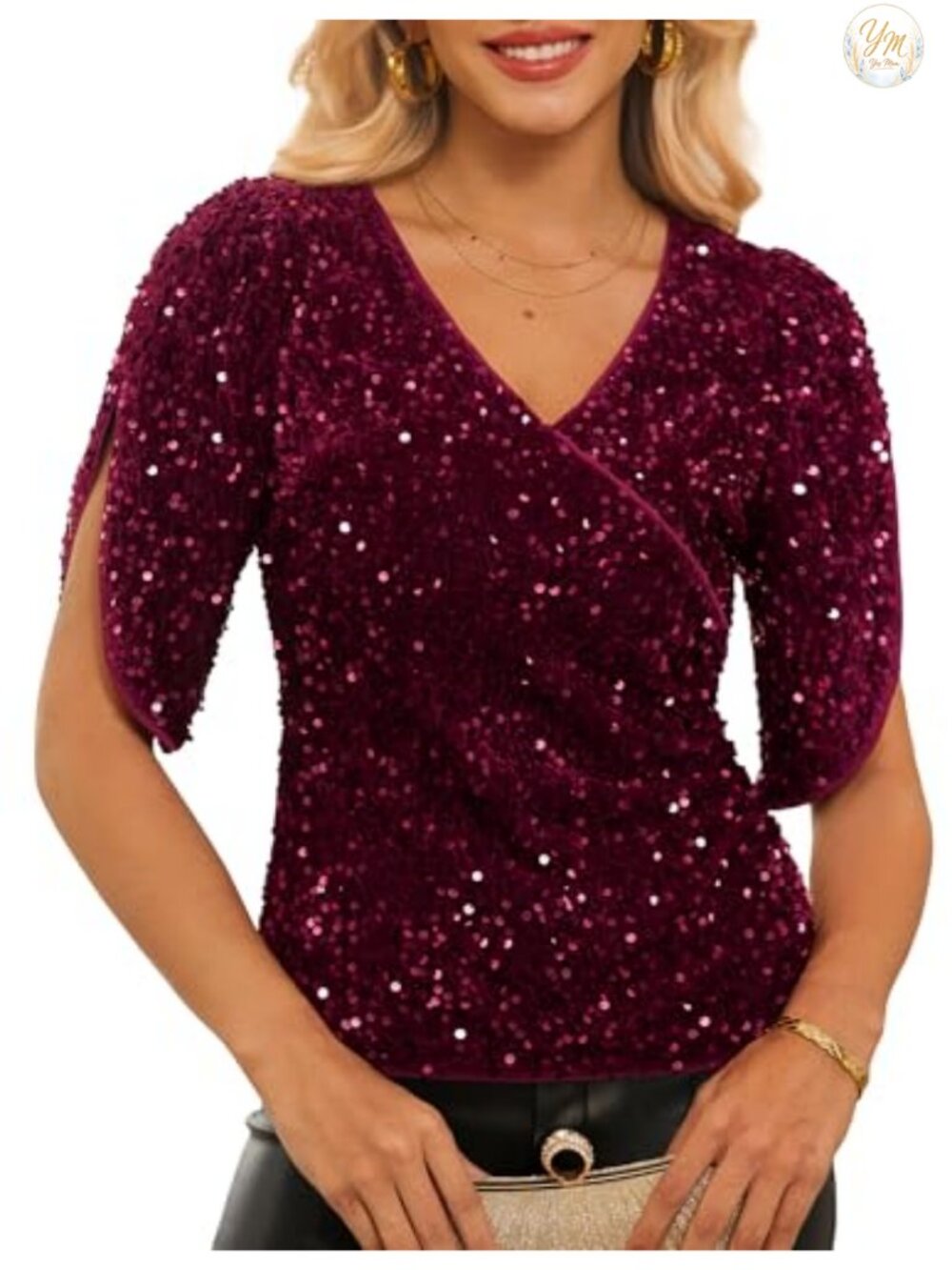 Sequin Velvet V-Neck Ruched Blouse 3/4 Sleeve Party Top